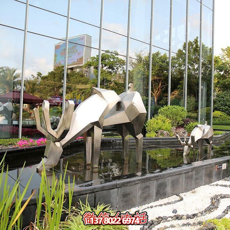 精致雕塑，幾何鏡面不銹鋼鹿，點(diǎn)綴精致水景小品
