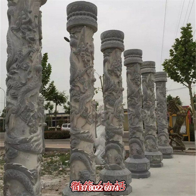 天然大理石浮雕龍盤柱，裝飾園林廣場的精美擺件