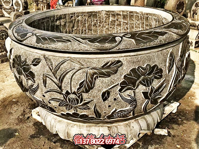 精美大理石浮雕蓮花缸，現(xiàn)代庭院裝飾雕塑