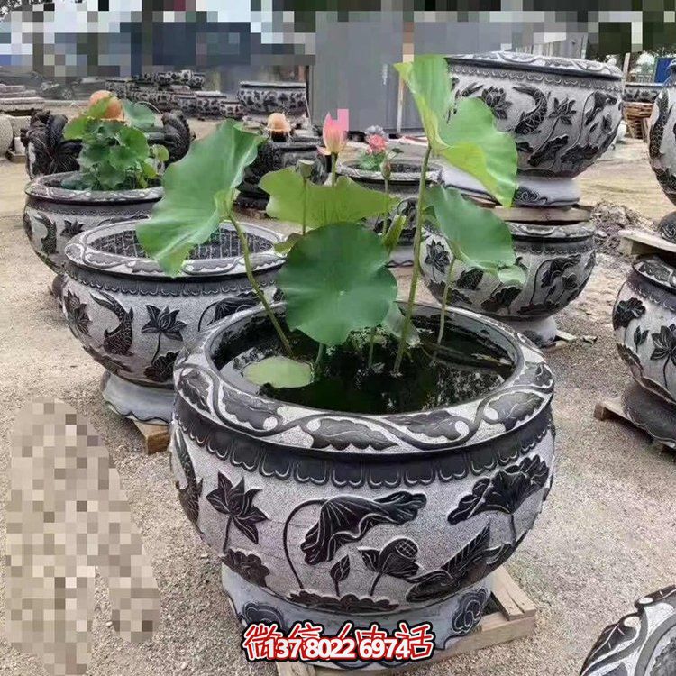 經(jīng)典荷花石雕浮雕圓形水缸，裝點您的庭院