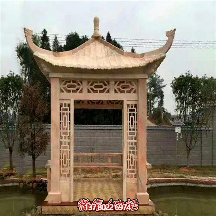 紅石雕鏤涼亭，晚霞中空中創(chuàng)意雕塑