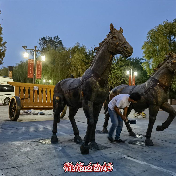 仿古銅中式馬拉車(chē)玻璃鋼景觀雕塑，非凡戶(hù)外擺放裝飾