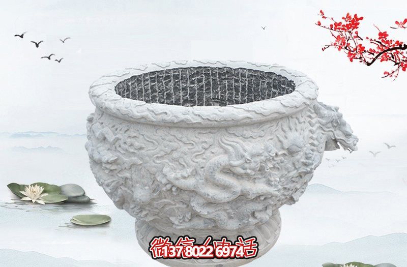 漢白玉石雕龍浮雕水缸雕塑，為庭院增添優(yōu)雅氣息