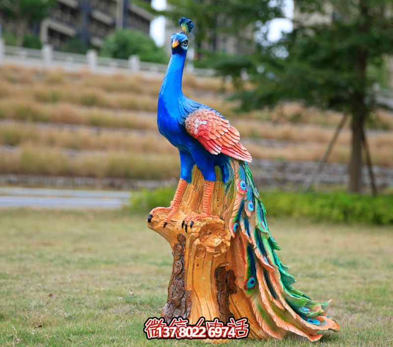 彩繪孔雀玻璃鋼雕塑，為公園街道擺放添彩
