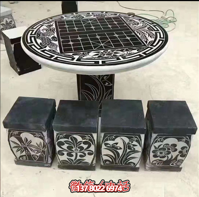 梅蘭竹菊帶象棋棋盤(pán)的黑色大理石石桌凳
